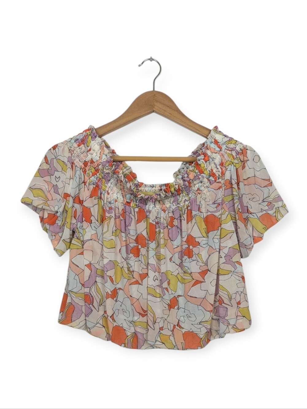Free People Bubble Top XS Technicolor Off Shoulder Smocked Short Sleeve Shirt